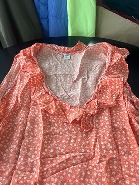 Old Navy Coral Pink Floral Ruffle V-Neck Blouse